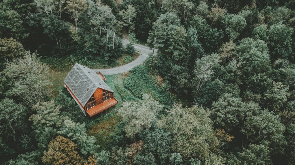 aerial view of a vacation home in the woods