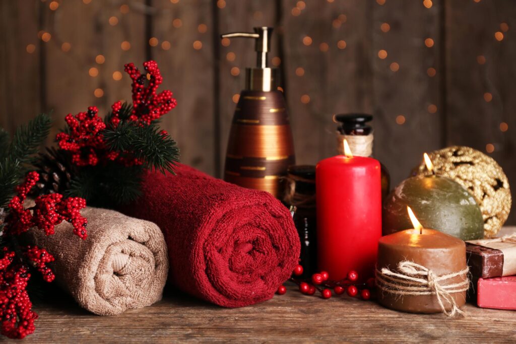 Bathroom Accessories for Christmas decorations on wall with lights background